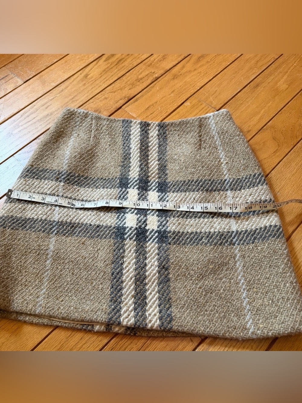 Burberry Plaid Wool Mini Skirt in Taupe, Gray, and Cream - Picture 3 of 8